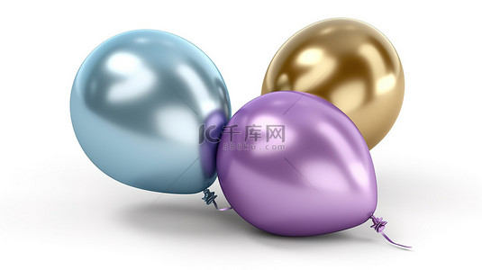 金灰色紫色和蓝色 3d 渲染中带有剪切路径的隔离金属气球集