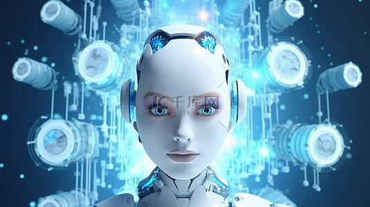 云计算和机器人技术的协作 3d 女性机器人与图标一起使用