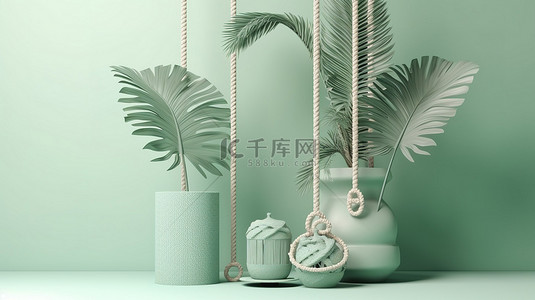 3D 讲台设置在柔和的绿色和白色背景上，装饰着棕榈叶和流苏壁挂 3D 渲染