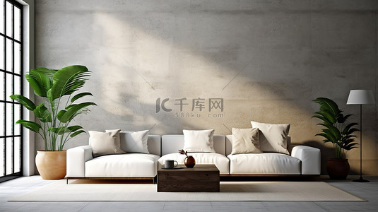 时尚简约的客厅白色沙发与斯堪的纳维亚阁楼 3D 渲染中的空混凝土墙相遇