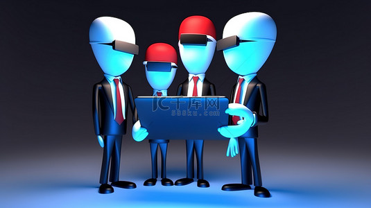 在线会议背景图片_平板电脑上的 3D 商业角色虚拟会议