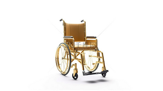 白色背景下无人使用的金色轮椅的 3D 渲染