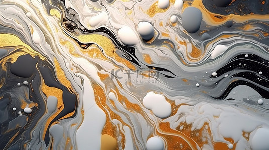 3D 插图中装饰白色大理石丙烯酸流体纹理的金色斑点