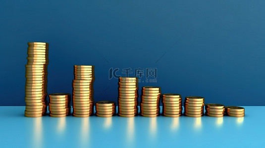 蓝色背景箭头背景图片_蓝色背景的 3D 插图，增长条形图上有成堆的硬币