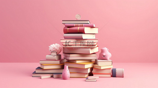 粉红色背景上充满活力的 3D 渲染彩色书籍和纸张