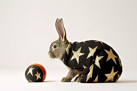一只兔子拿着一个黑球和一个金球