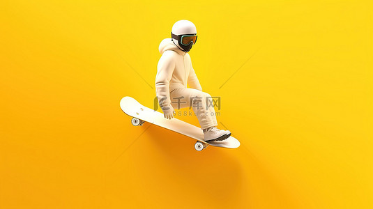 充满活力的黄色背景下滑雪板的 3D 渲染