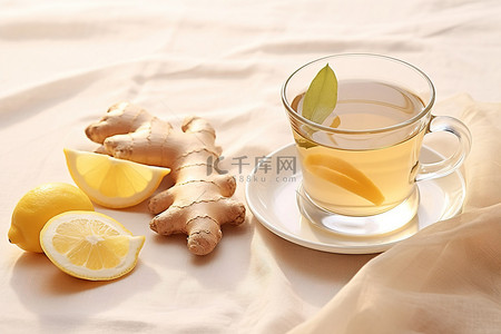 四季更替背景图片_一杯茶，加柠檬和姜，放在白布上