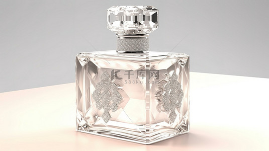 香水背景图片_水晶钻石 3D 渲染豪华精华香水瓶，白色背景上有白色盒子