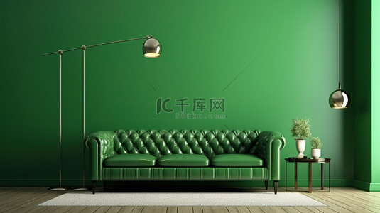 布置时尚的客厅配有皮革沙发，搭配绿色空墙背景 3D 渲染