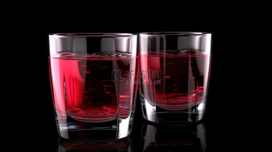 黑色背景下装满水和牛奶的红色塑料饮料杯，3D 渲染特写镜头