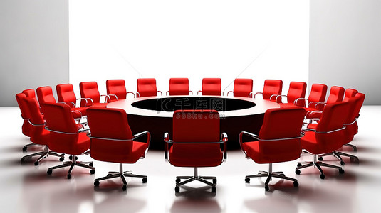 企业峰会白色背景，带圆形座位安排和老板椅 3D 渲染