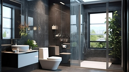 玻璃和背景图片_当代室内设计大理石墙壁黑色瓷砖和玻璃淋浴与厕所 3D 渲染