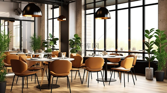 办公室或咖啡店中多功能客房用餐区和工作区的 3D 渲染