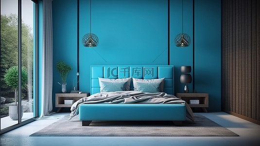 带床灯的建筑设计蓝色卧室的 3D 渲染
