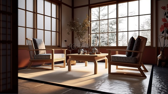 家居风格海报背景图片_日本风格的日式旅馆房间配有优雅的木制扶手椅和 3D 渲染的传统矮桌