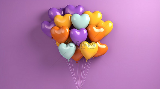 爱心墙背景图片_3D 渲染的薰衣草墙背景上的一簇充满活力的心形气球