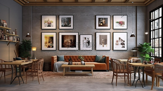 舒适的咖啡店或带有艺术品墙的生活空间的 3D 渲染