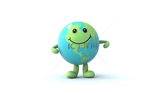 3D 渲染角色在白色背景可爱的橡皮泥地球仪玩具前举着拯救地球横幅