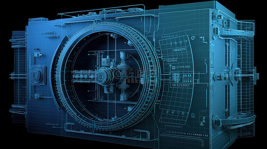 具有 3D 渲染和蓝色背景比例的银行金库蓝图