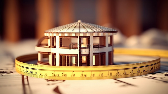 3D 渲染展示了环绕房屋轮廓的卷尺