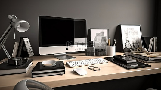 现代办公桌上的电脑用品和装饰品 3D 渲染