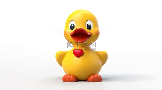 可爱的卡通人物吉祥物，是一只黄鸭，红心，在干净的白色背景上以 3D 渲染呈现