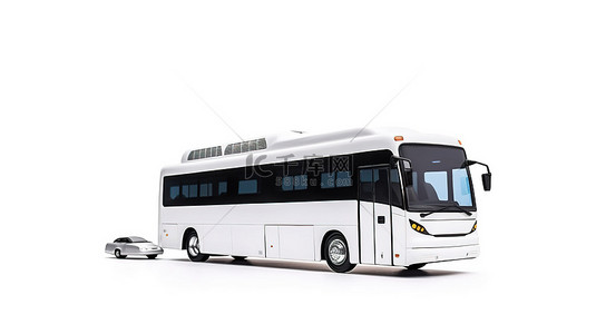 通过手机在白色背景上轻松预订白色旅游巴士的 3D 渲染