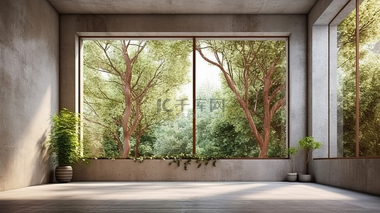 宽敞的 3D 渲染混凝土房间，通过大窗户可欣赏郁郁葱葱的花园全景