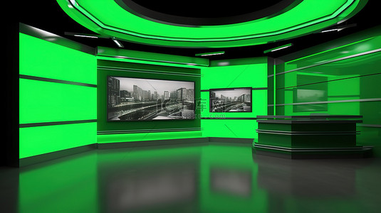 沉浸式 3D 工作室设置，带有绿屏，用于以 3D 渲染的电视新闻报道