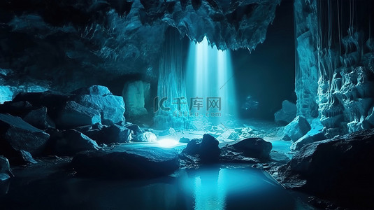 冒险等待探索一个蓝色的神秘洞穴，在 3D 渲染中闪闪发光的水晶
