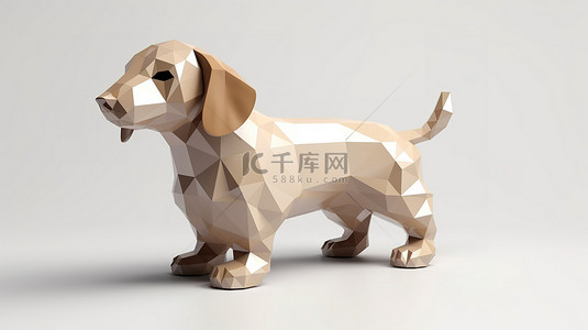 用多边形制作的腊肠犬的白色背景 3D 渲染