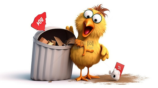 大母鸡小母鸡背景图片_滑稽的 3d 母鸡，带有标志和垃圾桶