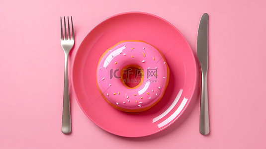 大草莓粉红色釉面甜甜圈，粉红色背景 3D 渲染上带有叉子和刀顶视图