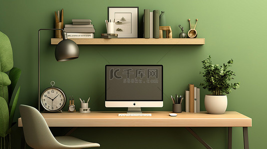 现代而别致的工作设置，在木桌上配有计算机模型，靠着 3D 渲染的绿色墙壁
