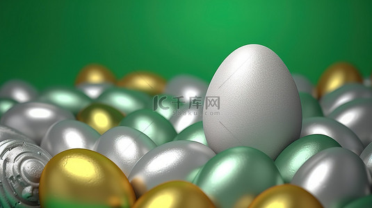 彩色复活节彩蛋中带有银蛋的绿色背景的 3D 插图