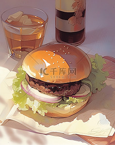 生产除尘背景图片_餐巾纸上放着一个汉堡，上面放着酒
