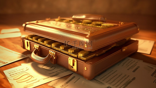 装满股票债券黄金和金钱的公文包的 3D 插图