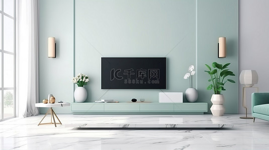 家具设计电视柜背景图片_现代客厅采用薄荷现代设计，配有智能电视模型概念 3D 渲染
