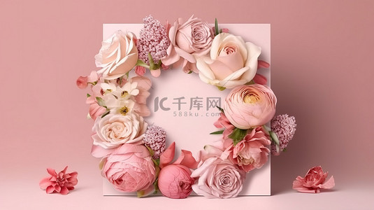 生日边框背景图片_方形画布的 3D 渲染，装饰有花卉图案，非常适合植物邀请卡