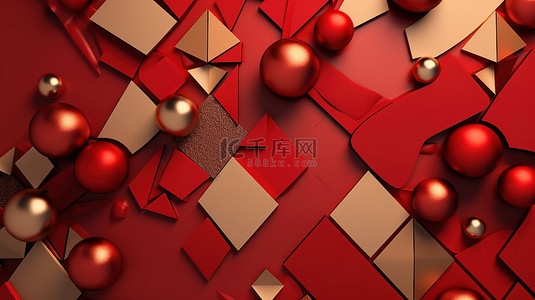 平躺背景，红色和金色的几何形状是独特的圣诞装饰概念