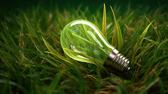 生态友好的灯泡从郁郁葱葱的绿草床上闪烁着 3D 渲染的节能概念