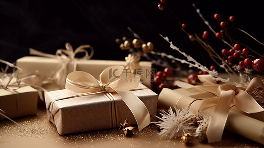 圣诞丝带铃铛背景图片_圣诞节礼物金色