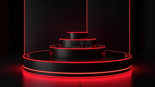 国潮风展示背景图片_红色霓虹灯照亮的黑色讲台用于动态产品展示和演示3D 渲染
