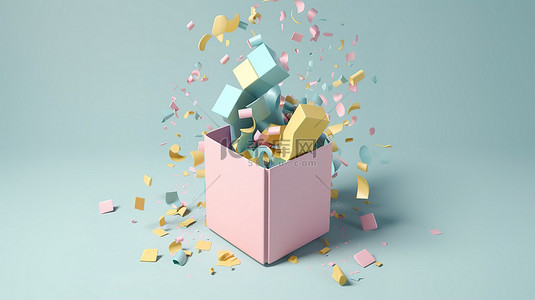 惊喜生日庆典柔和礼盒和蓝色背景 3D 渲染中的五彩纸屑爆炸