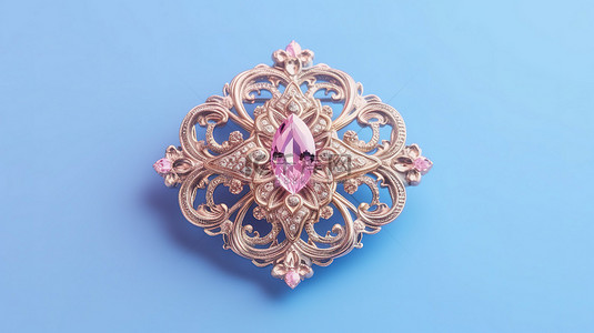 魅力蓝色背景图片_复古巴洛克胸针，粉红色背景 3D 渲染上带有蓝色钻石宝石双色调风格