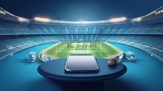 板球体育场 3D 渲染，蓝色背景上带有锦标赛装备和手机图形