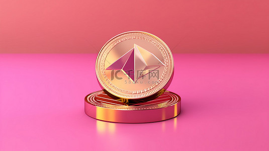 反射粉红色背景与加密货币黄金 3D 状态硬币