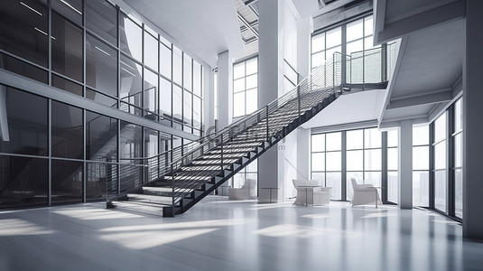 宽敞房间背景图片_现代办公室内部 3D 渲染干净宽敞的工作场所，商务楼有楼梯