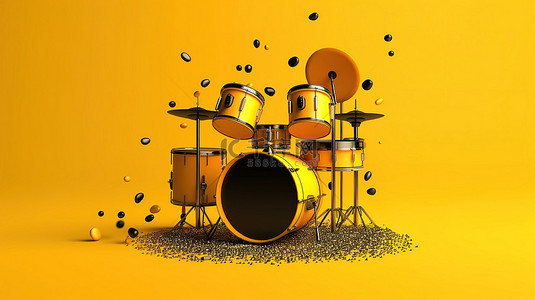 黑色背景 3D 渲染上的黄色抽象粘土风格摇滚鼓套件